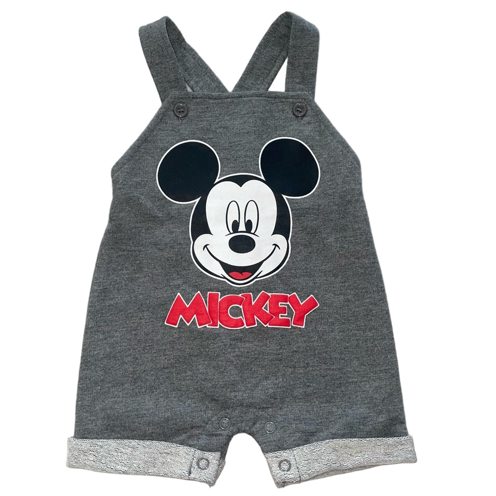 Disney Gray Mickey Mouse Short Overalls with Red Logo